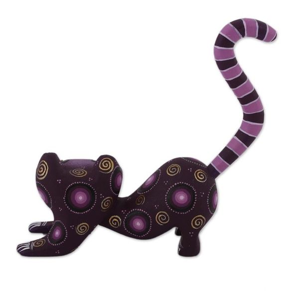 Alternate image for Handcrafted Purple Wood Alebrije Playful Cat Figurine Curiosity Cousin in Purple