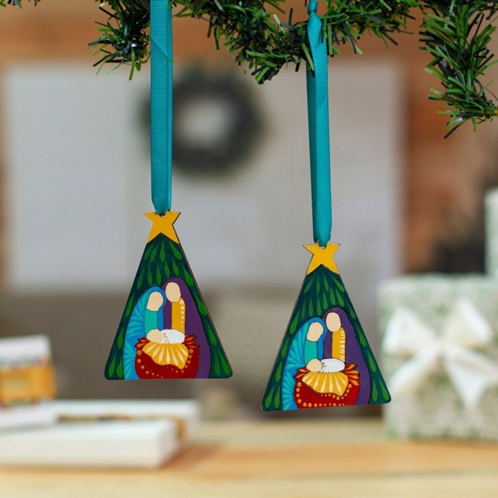 Nativity-Themed Pair of Handmade Wood Ornaments from Mexico 'Petite Miracle'