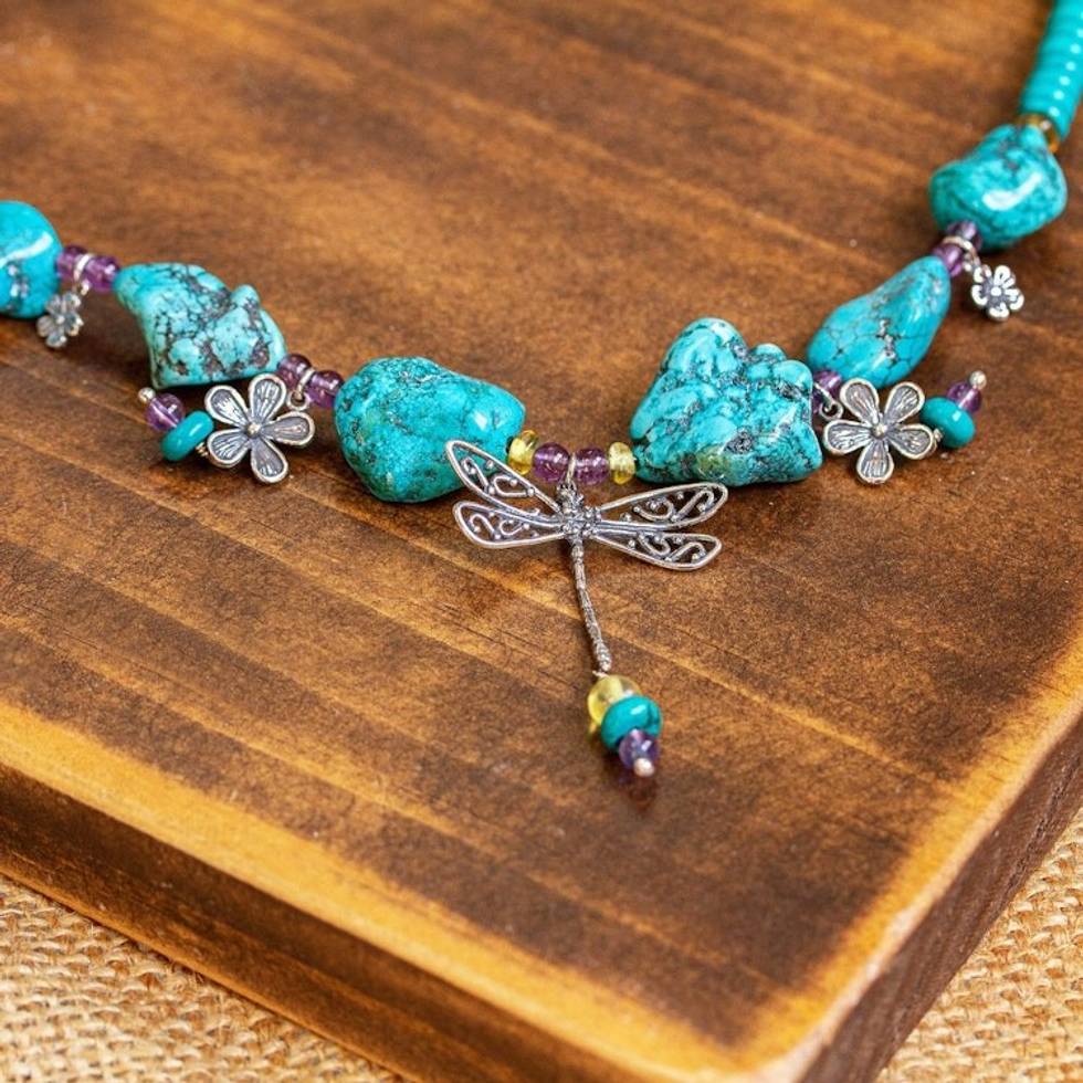 Dragonfly Pendant Beaded Necklace from Mexico 'Dragonfly Embrace'