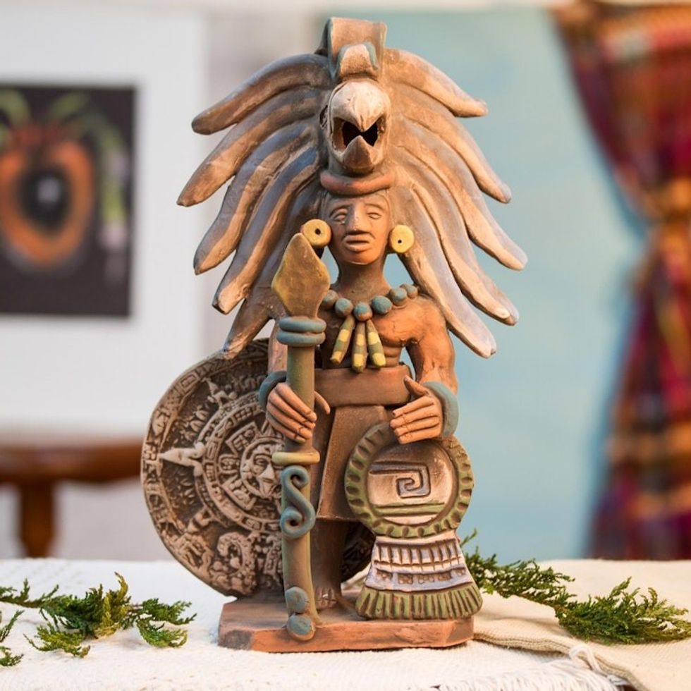 Ceramic Eagle Warrior Sculpture with Aztec Calendar 'Aztec Calendar Eagle Warrior'