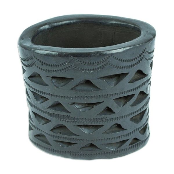 Alternate image for Mexican Handmade Barro Negro Black Ceramic Mini Flower Pot Oval Half Diamonds