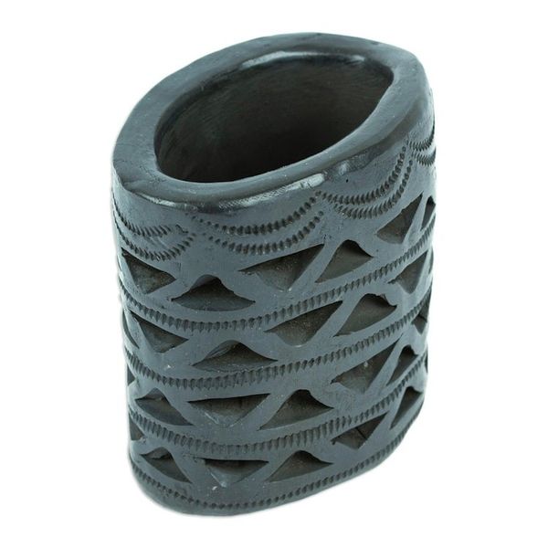 Alternate image for Mexican Handmade Barro Negro Black Ceramic Mini Flower Pot Oval Half Diamonds