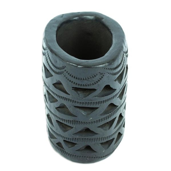 Alternate image for Mexican Handmade Barro Negro Black Ceramic Mini Flower Pot Oval Half Diamonds