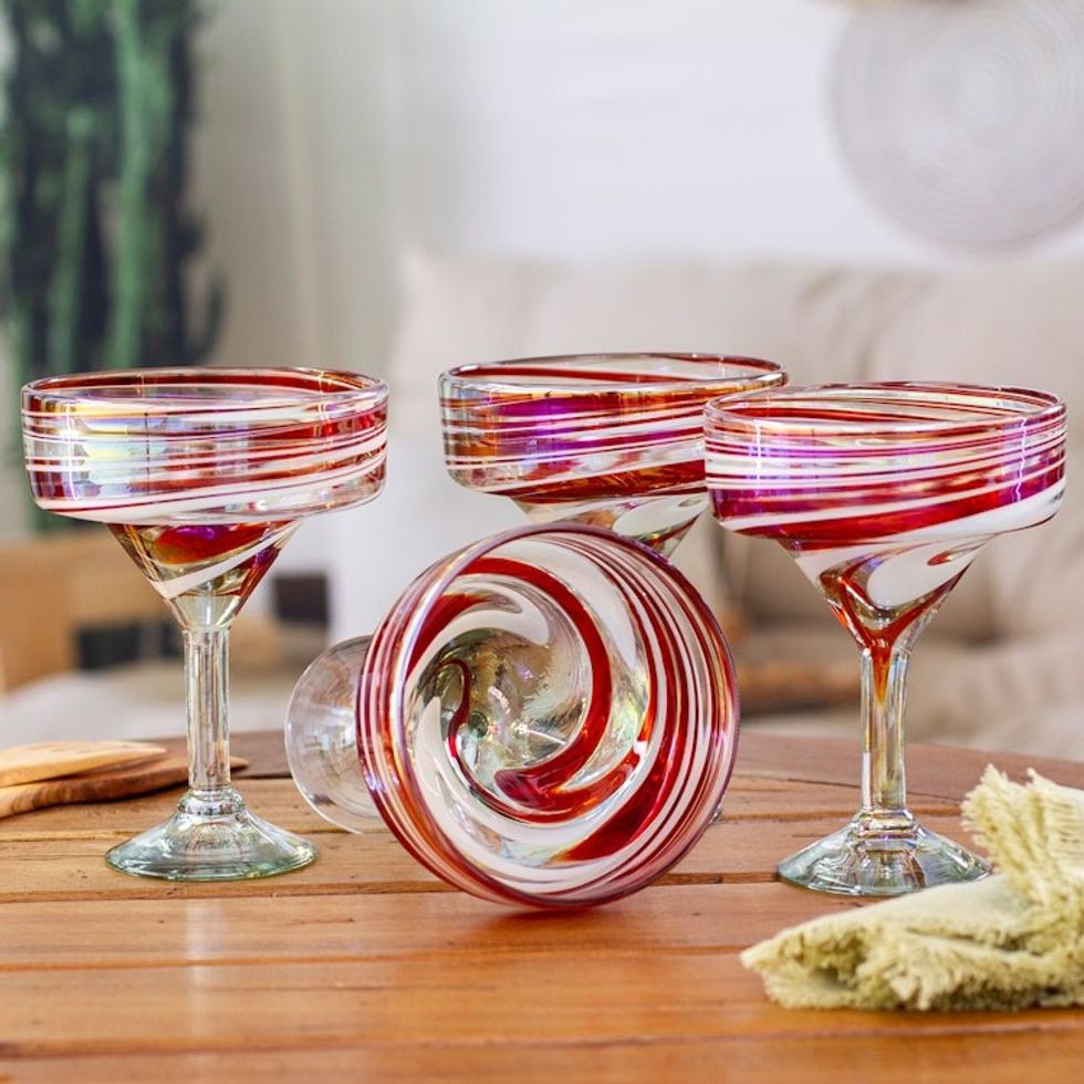 Set of 4 Eco-Friendly Red Handblown Margarita Glasses 'Sophisticated Enchantment'