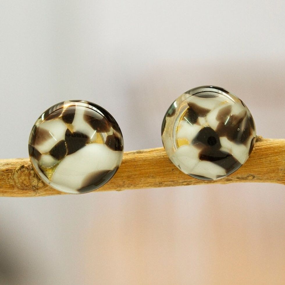 Black White Fused Glass Mosaic Button Earrings from Mexico 'Black White Textures'
