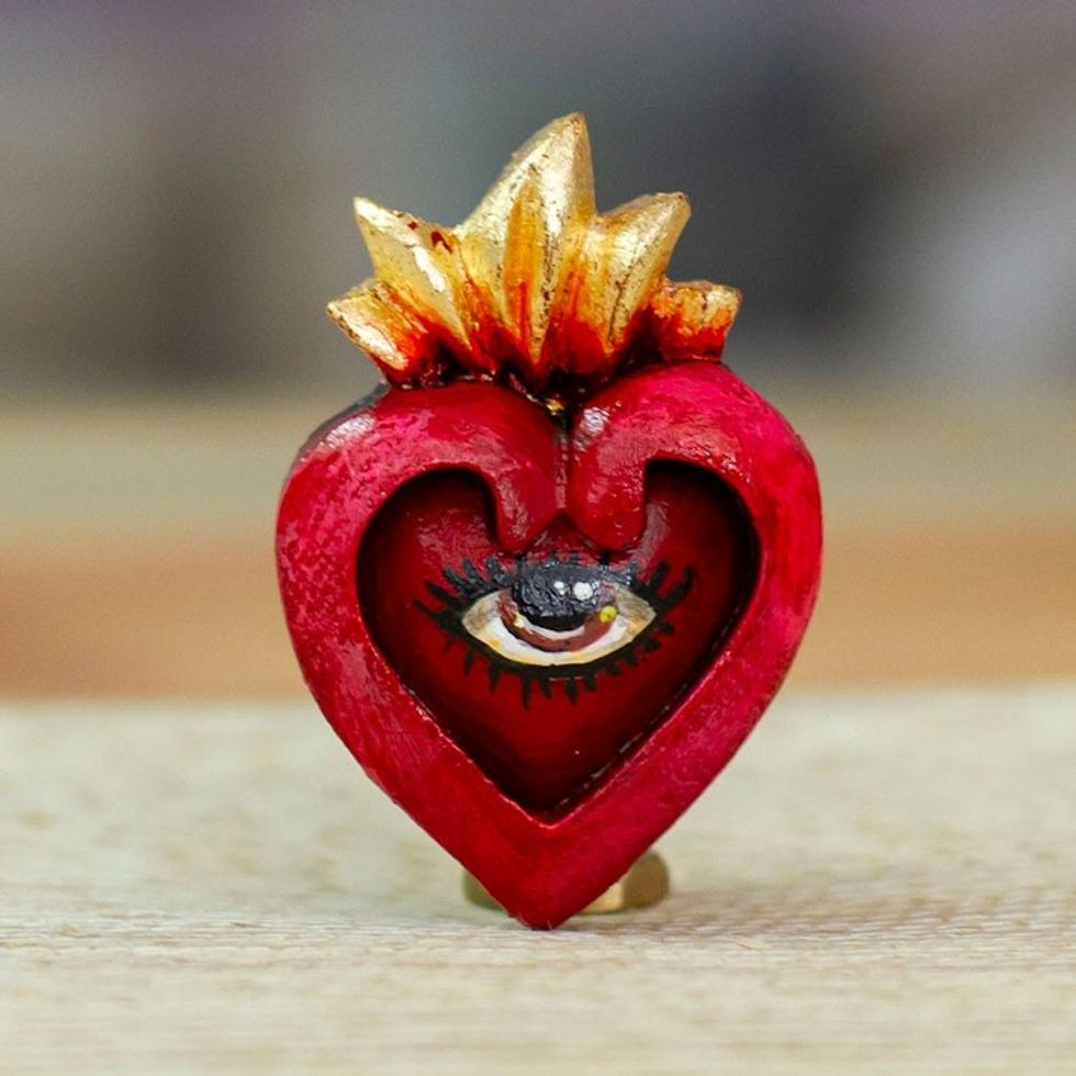 Heart-Shaped Hand-Painted Red and Golden Pinewood Magnet 'Immortal Destiny'