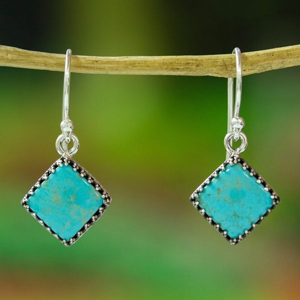 Alternate image for Square Turquoise Dangle Earrings from Mexico Turquoise Squares