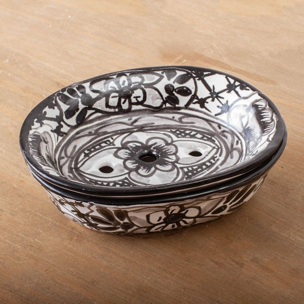 Black and White Ceramic Soap Dish from Mexico 'Monochrome Flowers'