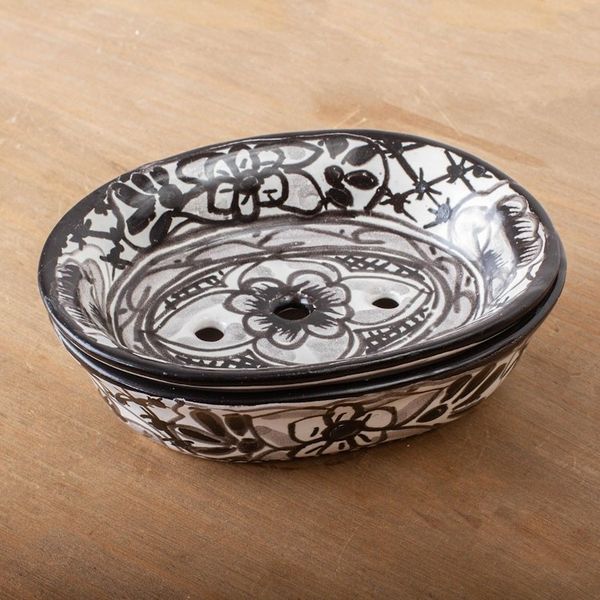 Alternate image for Black and White Ceramic Soap Dish from Mexico Monochrome Flowers