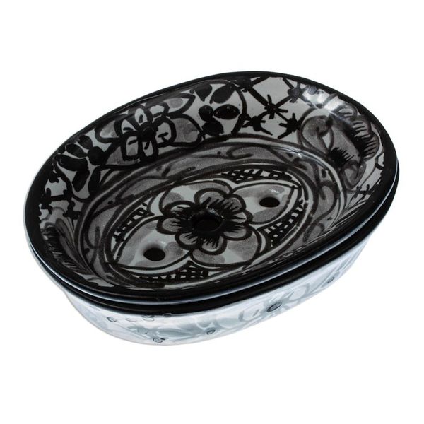 Alternate image for Black and White Ceramic Soap Dish from Mexico Monochrome Flowers