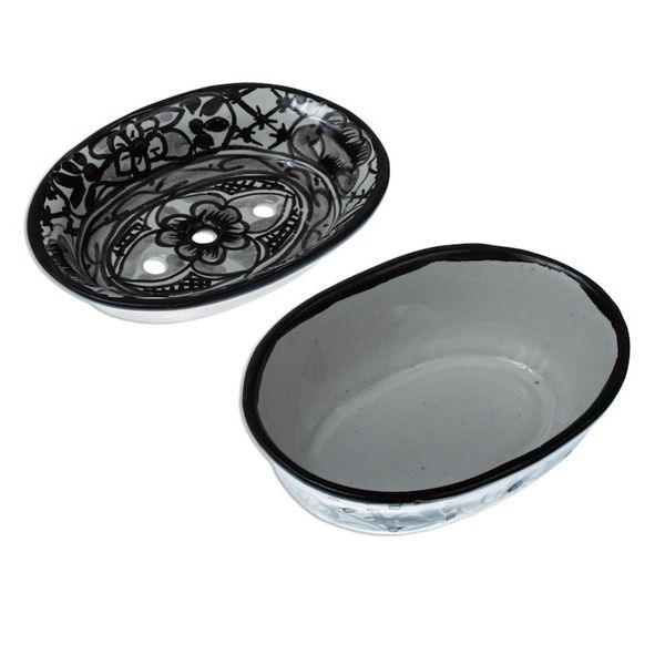 Alternate image for Black and White Ceramic Soap Dish from Mexico Monochrome Flowers