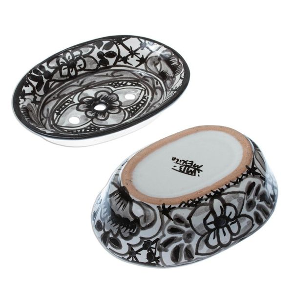 Alternate image for Black and White Ceramic Soap Dish from Mexico Monochrome Flowers