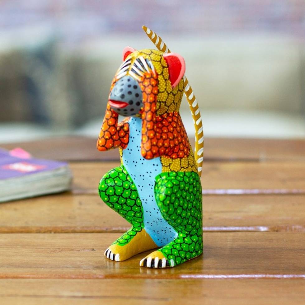 Wood Monkey Alebrije Figurine Painted in Green and Yellow 'Astonished Monkey'