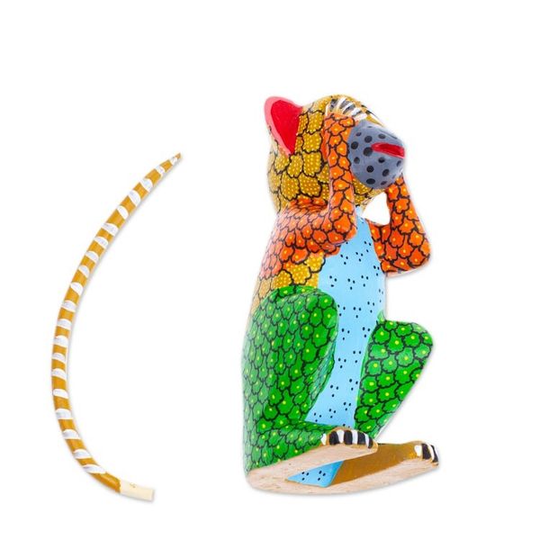 Alternate image for Wood Monkey Alebrije Figurine Painted in Green and Yellow Astonished Monkey