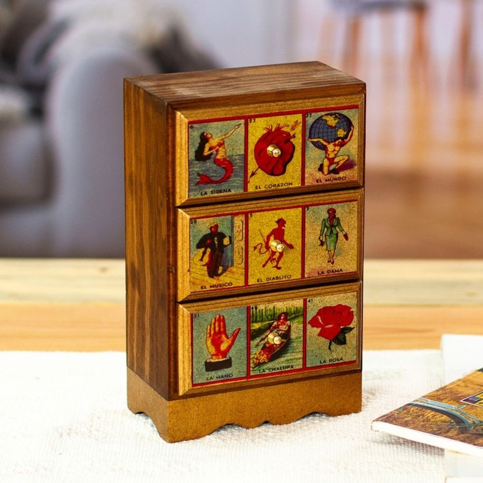 Handmade Pine Wood Decoupage Loteria Jewelry Box from Mexico 'Loteria of Secrets'