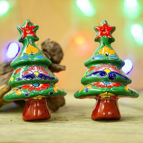 Alternate image for Floral Ceramic Christmas Tree Ornaments from Mexico Pair Talavera Celebration