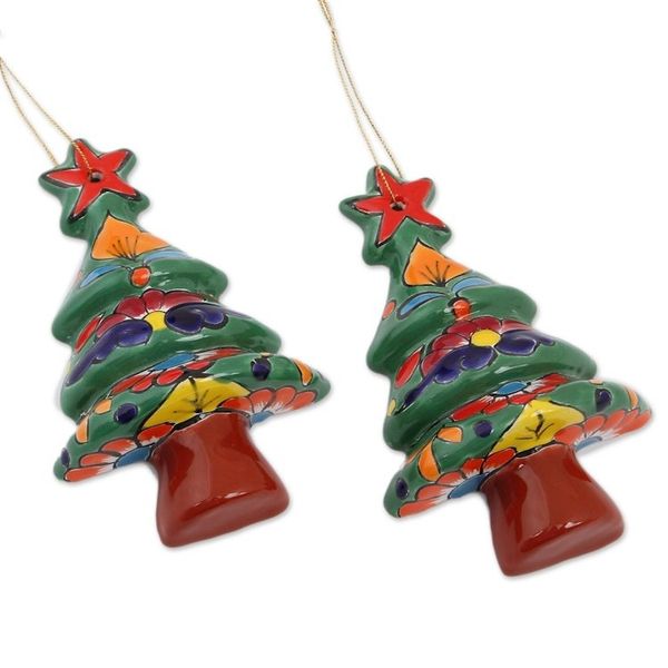 Alternate image for Floral Ceramic Christmas Tree Ornaments from Mexico Pair Talavera Celebration