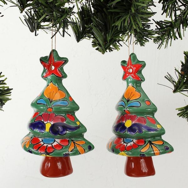 Alternate image for Floral Ceramic Christmas Tree Ornaments from Mexico Pair Talavera Celebration