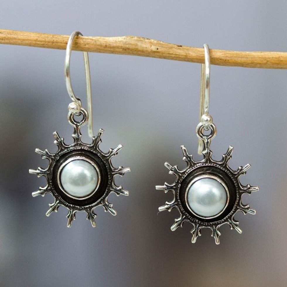 Sun-Shaped Sterling Silver and White Pearl Dangle Earrings 'Pearly Dawn'