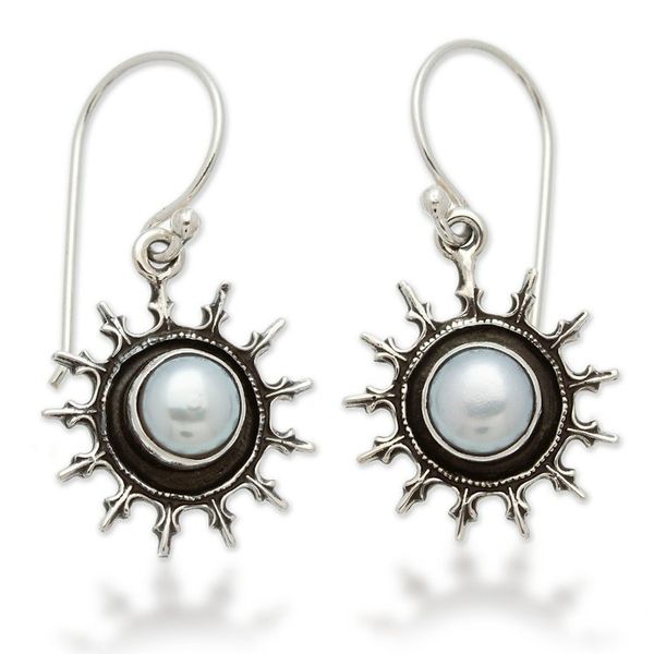 Alternate image for Sun-Shaped Sterling Silver and White Pearl Dangle Earrings Pearly Dawn