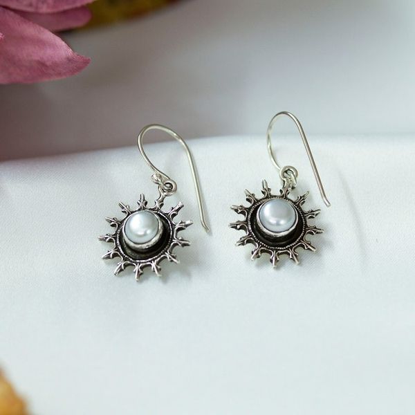 Alternate image for Sun-Shaped Sterling Silver and White Pearl Dangle Earrings Pearly Dawn