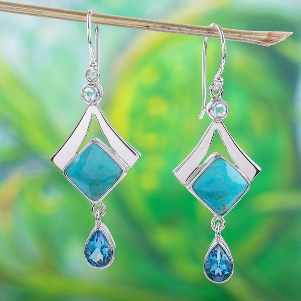 Alternate image for Turquoise and Blue Topaz 950 Silver Dangle Earrings Mixed Blues