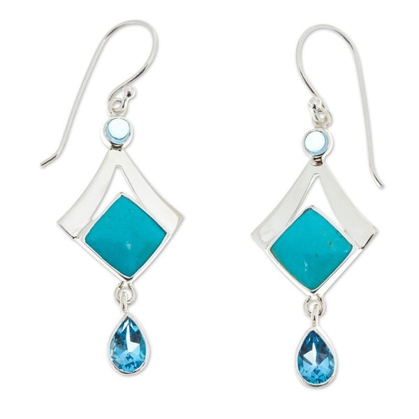 Alternate image for Turquoise and Blue Topaz 950 Silver Dangle Earrings Mixed Blues
