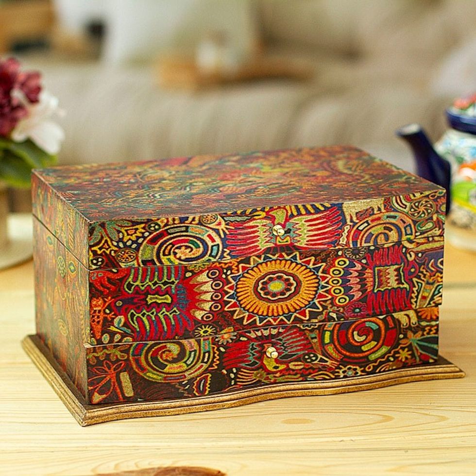 Huichol Theme Decoupage on Pinewood Jewelry Box with 3 Decks 'Huichol Enchantment'