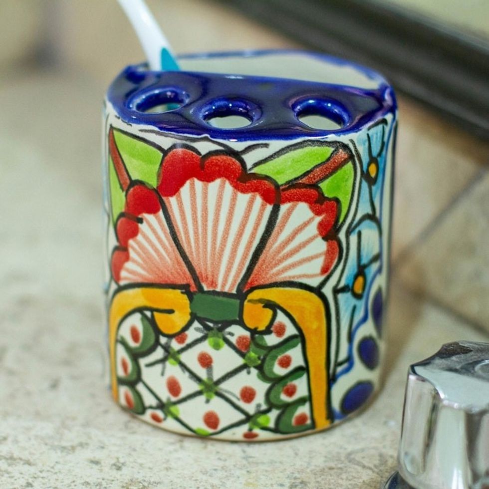 Artisan Crafted Talavera-Style Toothbrush Holder 'Talavera Bouquet'