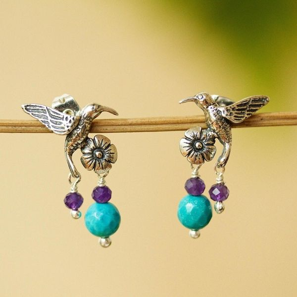 Alternate image for Sterling Silver Hummingbird Dangle Earrings from Mexico Vibrant Flight