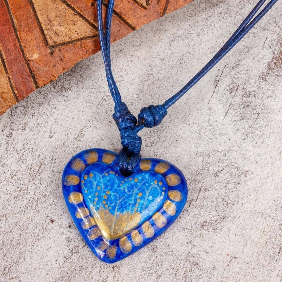 Papier Mache Adjustable Blue Heart Golden Trim Necklace 'Deep Sea Illusion'