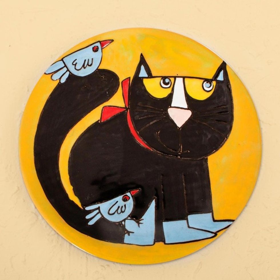 Handcrafted Black Cat with Birds Ceramic Decorative Plate 'Cat and Birds'