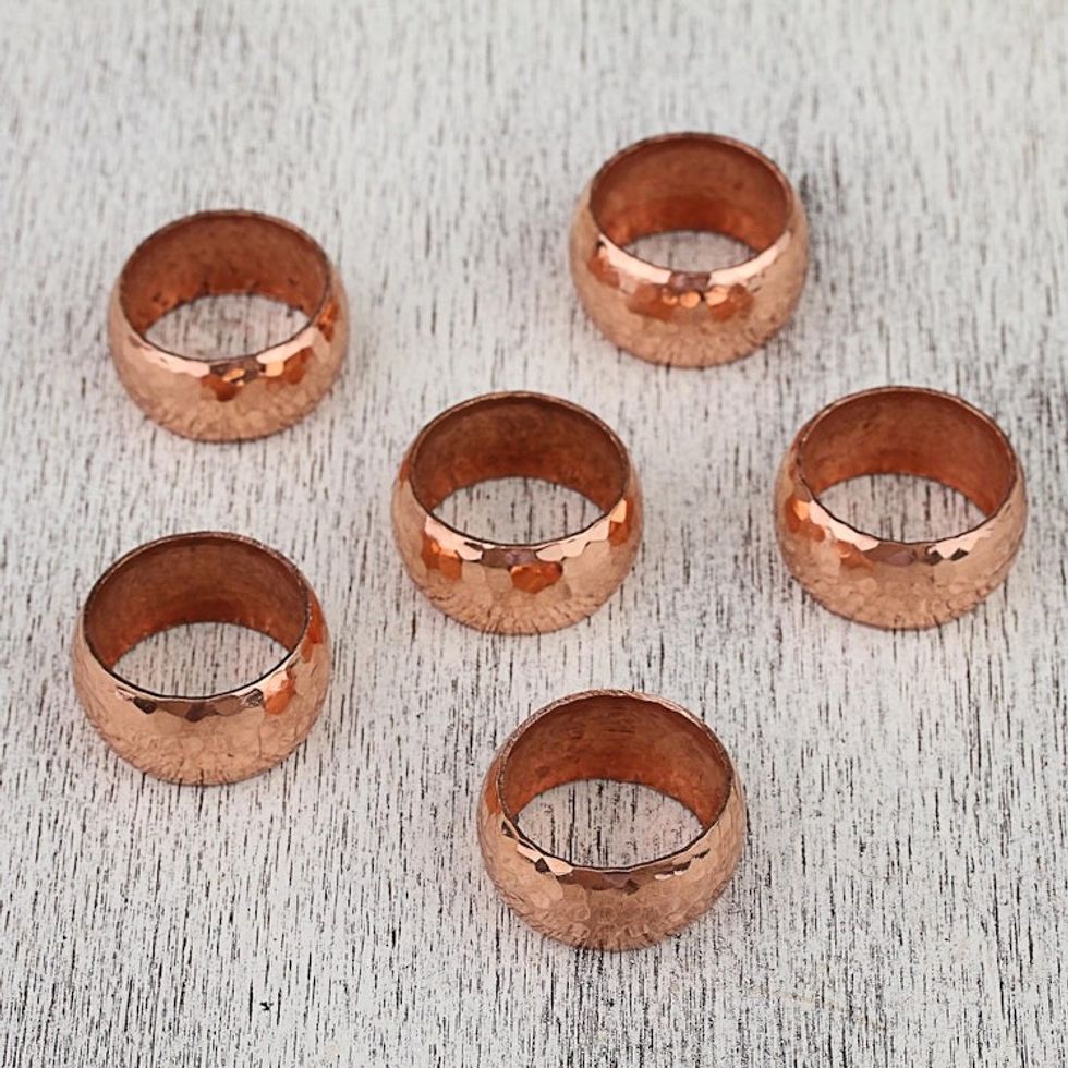Handcrafted Hammered Copper Napkin Rings Set of 6 'Bright Sheen'