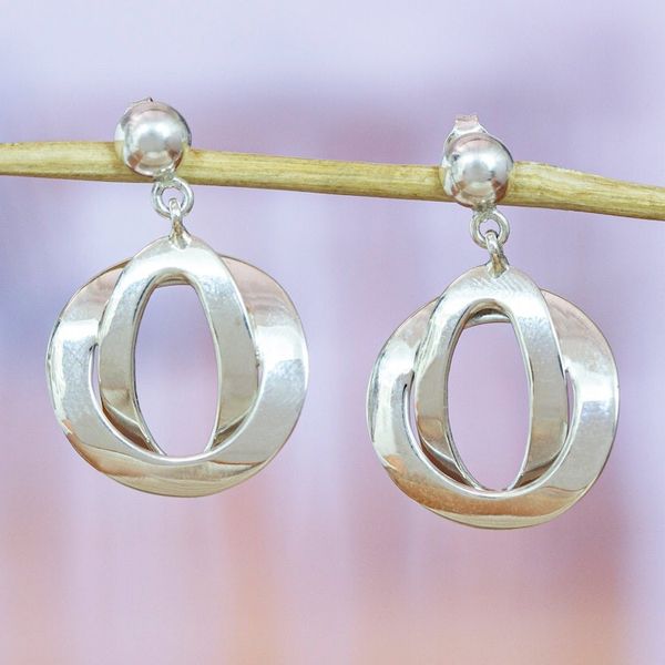 Alternate image for Modern Sterling Silver Dangle Earrings with Polished Finish Futuristic Orbs