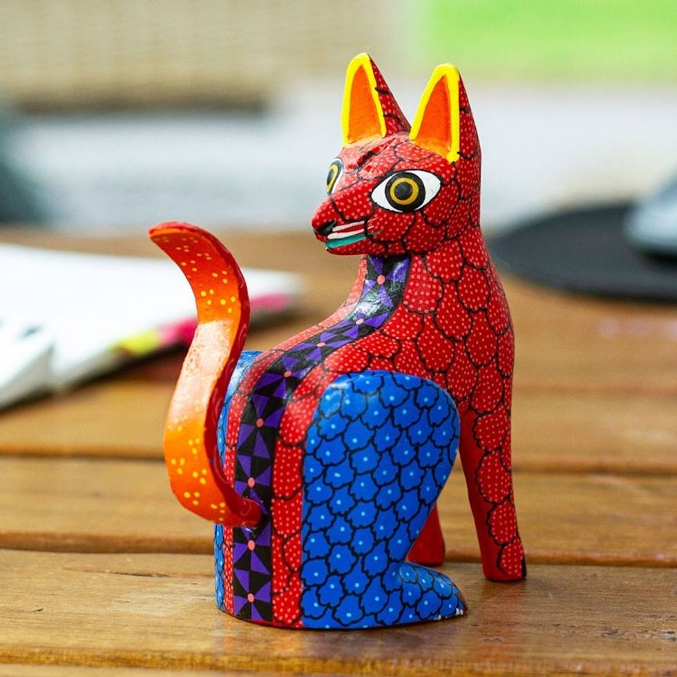 Hand-Carved and Hand-Painted Wood Fox Alebrije Figurine 'Colorful Fox'