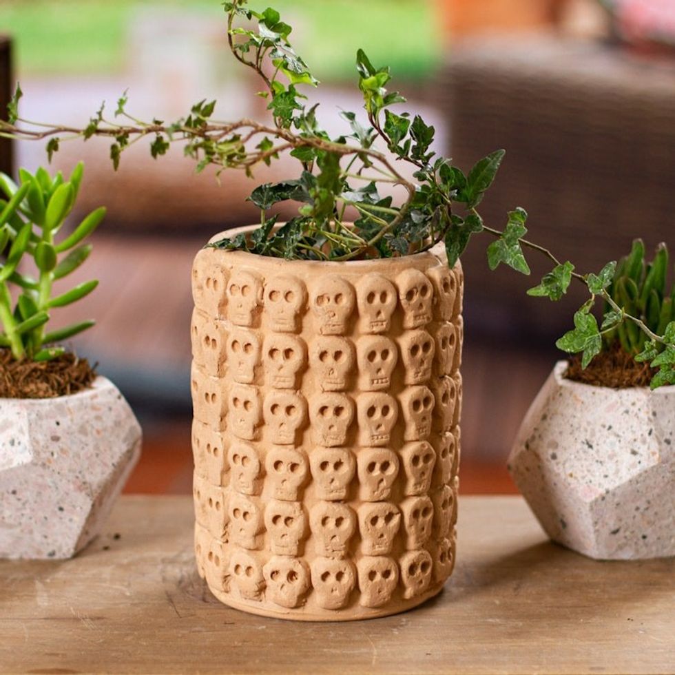 Skull Pattern Ceramic Flower Pot from Mexico 'Rows of Skulls'