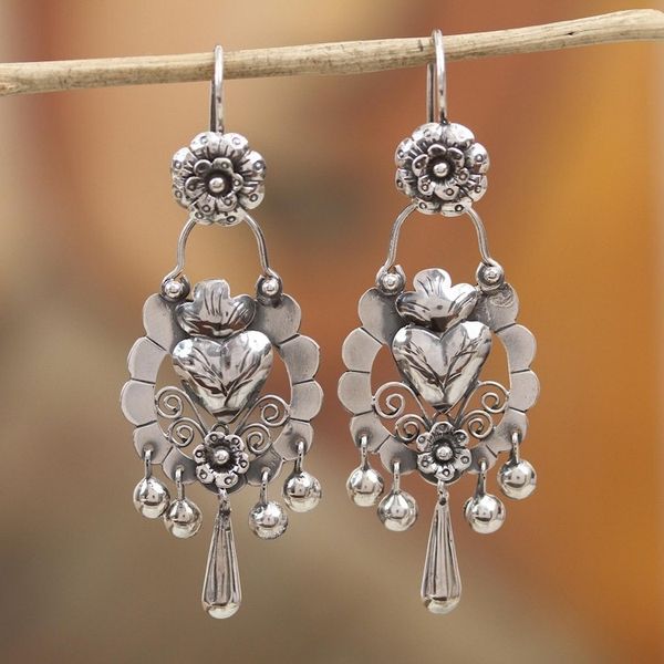 Alternate image for Floral Heart-Shaped Sterling Silver Earrings from Mexico Heartfelt Blossom
