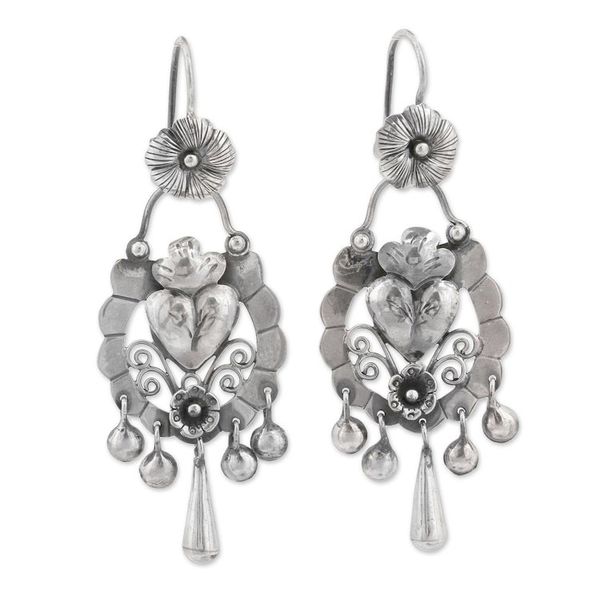 Alternate image for Floral Heart-Shaped Sterling Silver Earrings from Mexico Heartfelt Blossom
