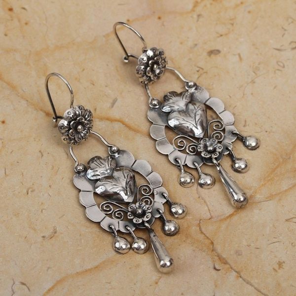 Alternate image for Floral Heart-Shaped Sterling Silver Earrings from Mexico Heartfelt Blossom
