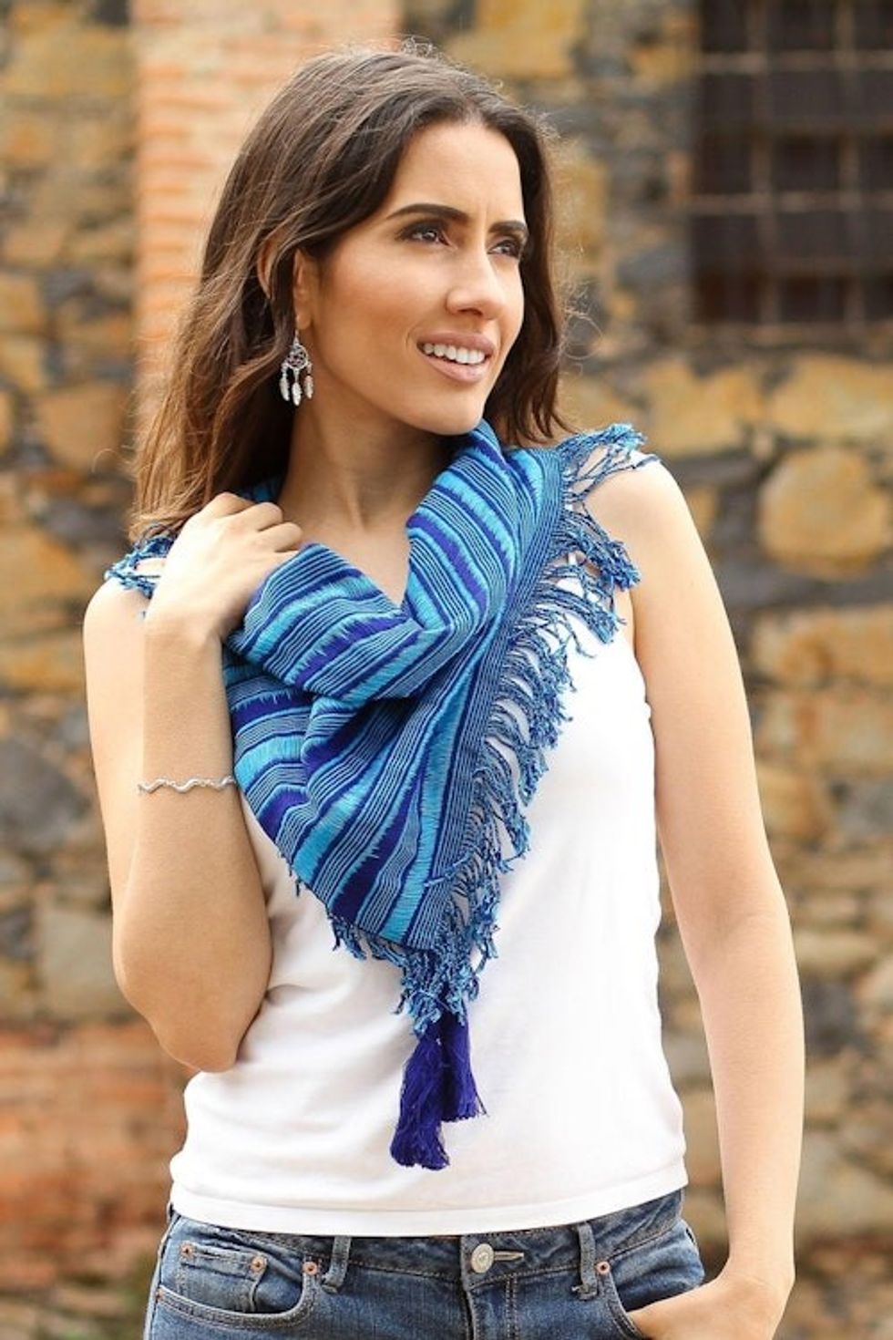 Striped Cotton Scarf in Cerulean and Royal Blue from Mexico 'Between Ocean Waves'