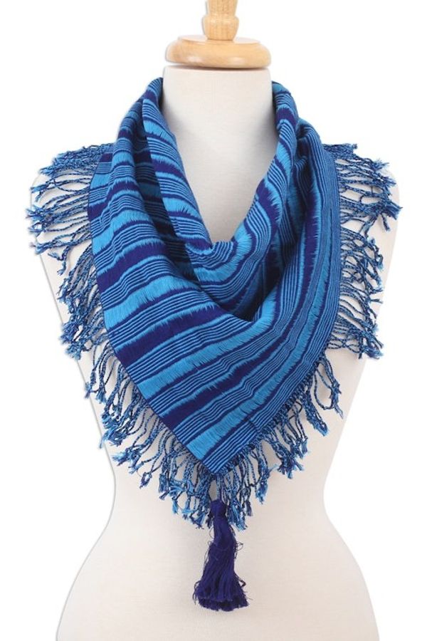 Alternate image for Striped Cotton Scarf in Cerulean and Royal Blue from Mexico Between Ocean Waves