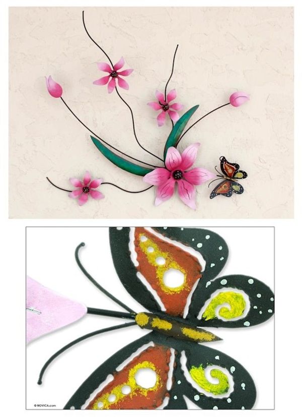 Alternate image for Pink Flowers Handmade Painted Iron Wall Sculpture Mexico Butterfly Bouquet