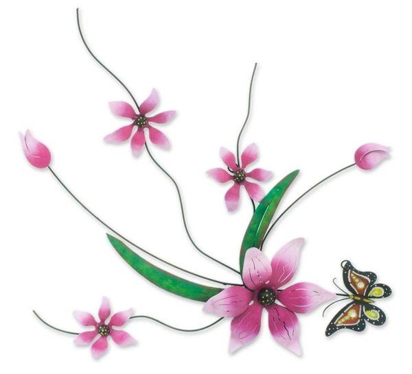 Alternate image for Pink Flowers Handmade Painted Iron Wall Sculpture Mexico Butterfly Bouquet