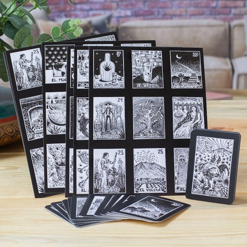 Traditional Ink on Paper Loteria Board Game Set from Mexico 'Tequila Loteria'