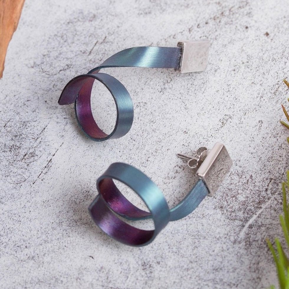 Modern Titanium Plated Sterling Silver Drop Earrings 'Modern Ribbons'