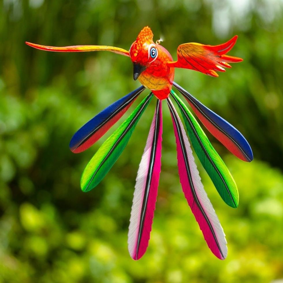 Multicolored Wooden Bird Alebrije Sculpture 'Orange Quetzal'