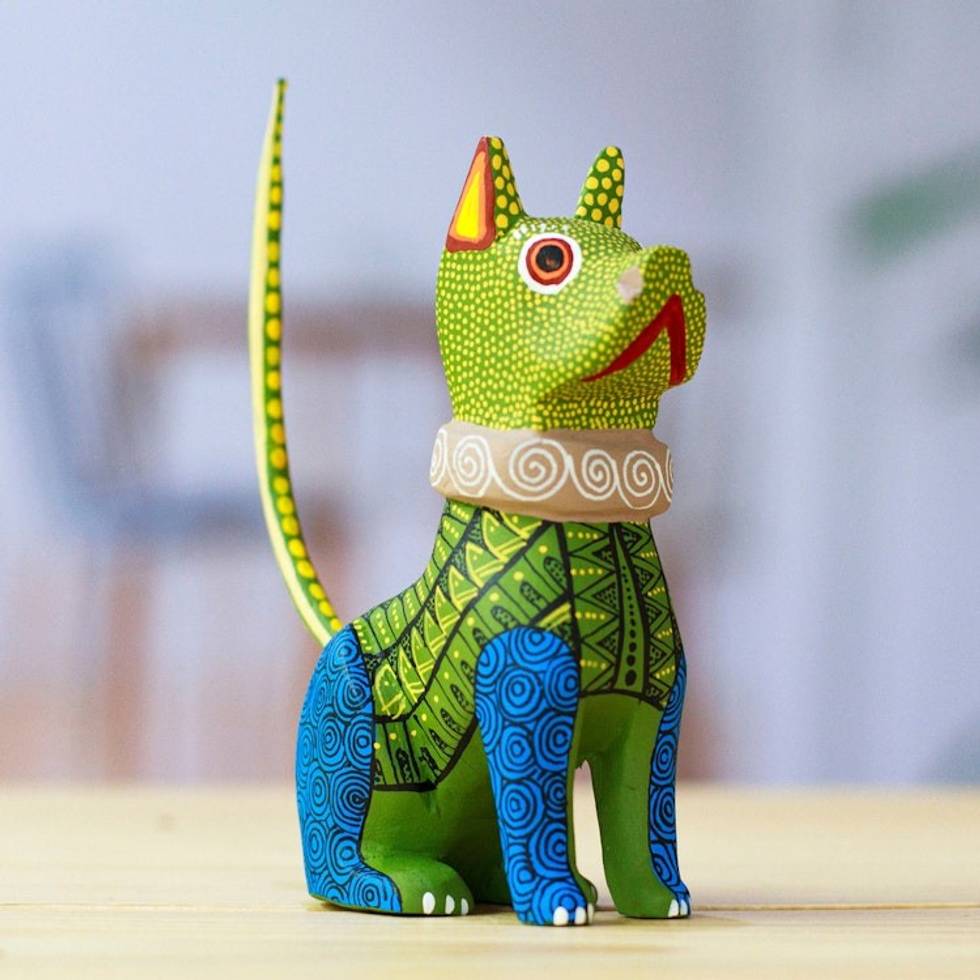 Geometric Green and Blue Copal Wood Alebrije Dog Figurine 'Green Spike'