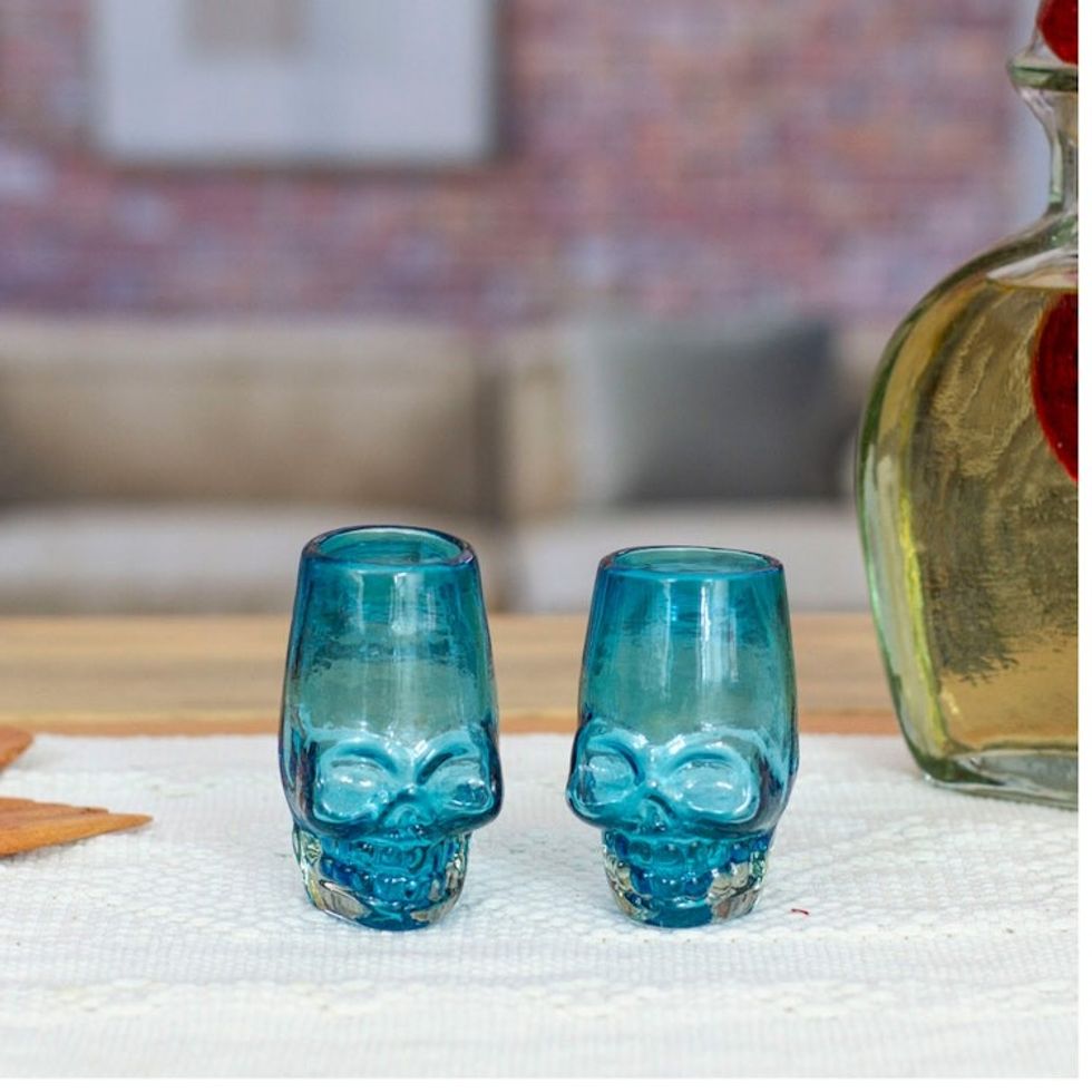 2 Aqua-Hued Handblown Recycled Glass Skull Tequila Glasses 'Aqua Mexican Skull'
