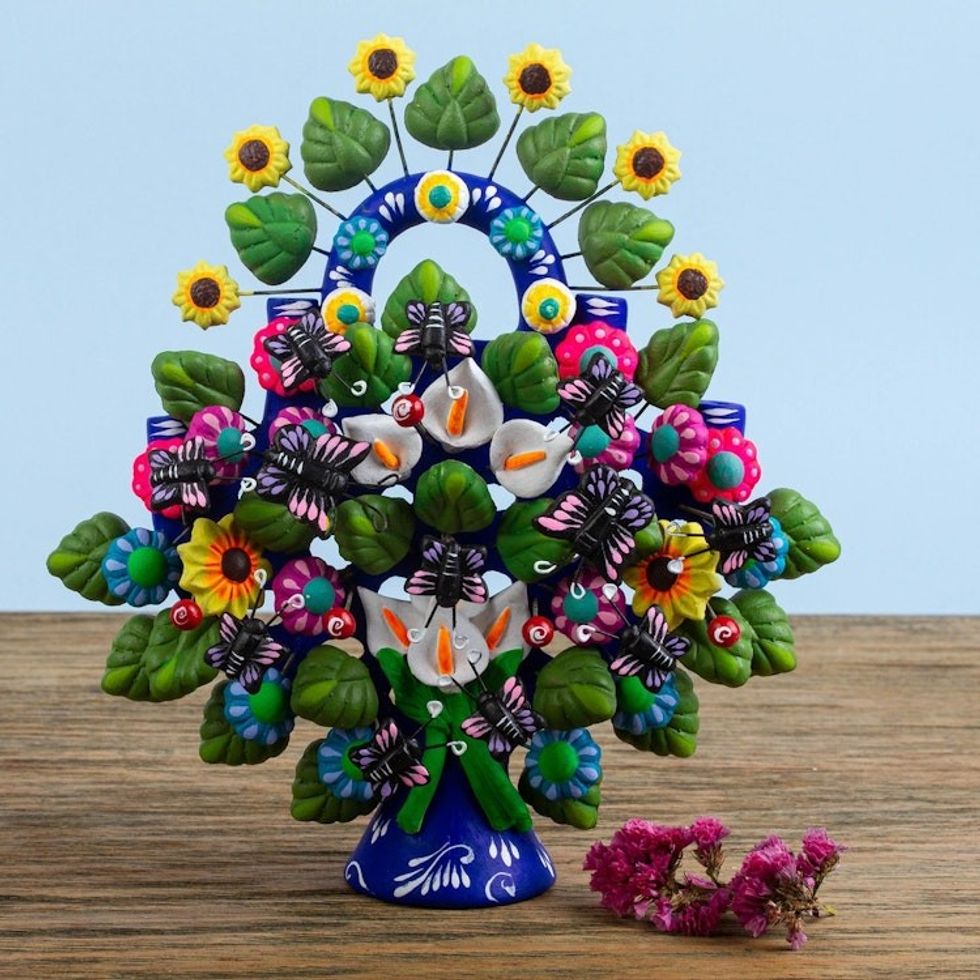 Floral Ceramic Tree of Life Sculpture from Mexico 'Florid Cuernavaca'