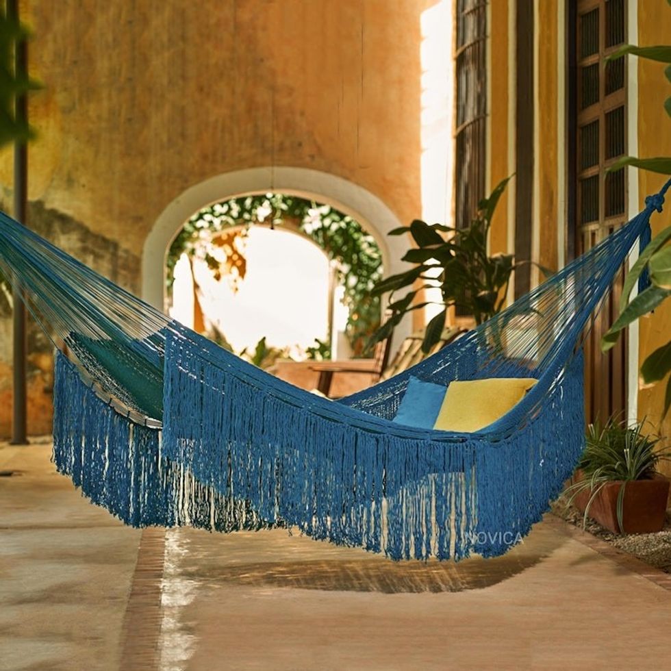 Fringed Teal Hammock from Mexico Triple 'Caribbean Blue Cascade'